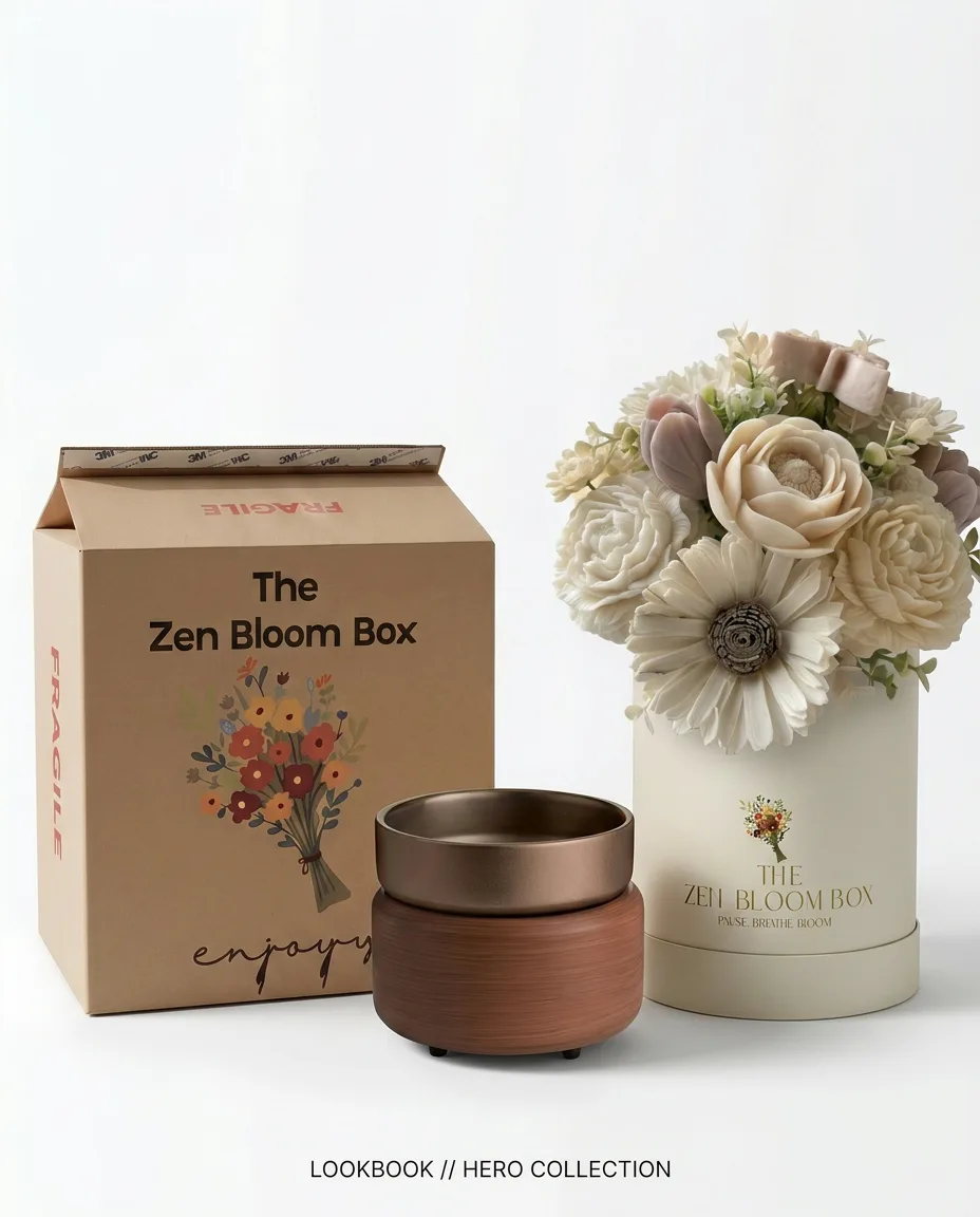 A Zen Bloom bouquet beside a softly glowing electric warmer